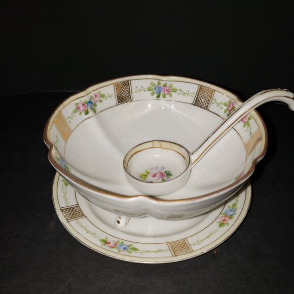 Vintage Nippon Mayonnaise Condiment 3 Pc Set Bowl. Under Plate & Ladle Excellent - Picture 1 of 3